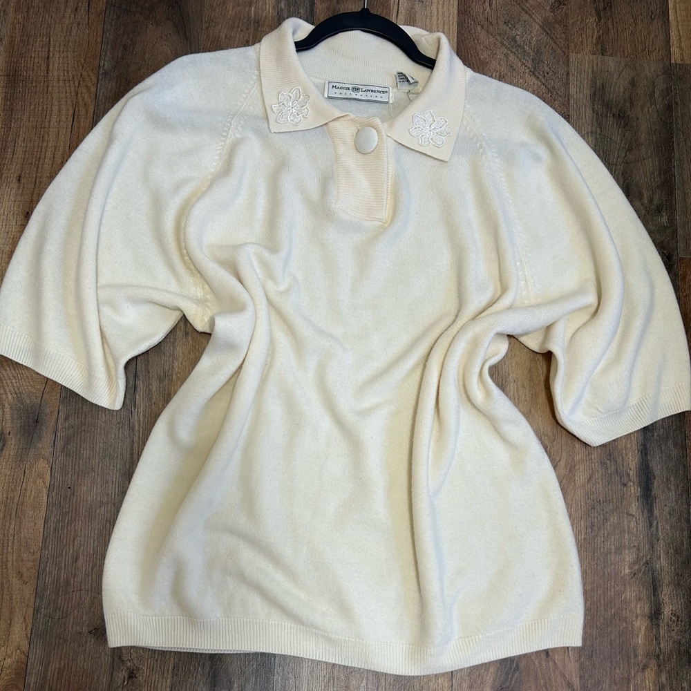 Maggie Cream Short Sleeve Sweater with Embroidered Collar